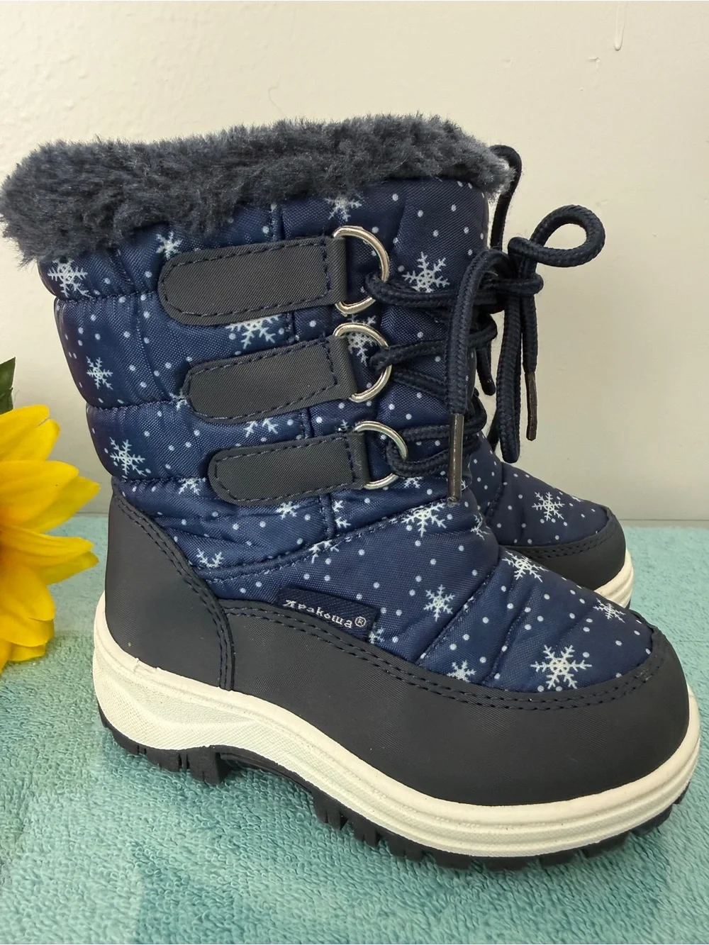 Kids Navy Snowflake Winter Boots with Faux Fur Collar